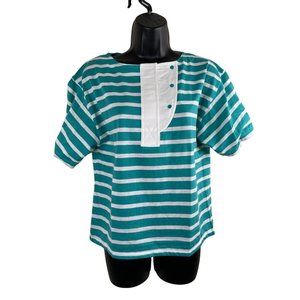 Alyssa Brooke Shirt Women Size Medium M Aqua Blue White Striped Short Sleeve NWT